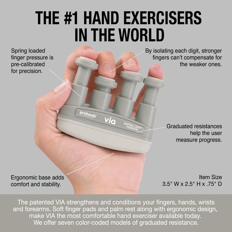 Prohands VIA Hand Exerciser, Finger Exerciser (Hand Grip Strengthener), Spring-Loaded, Finger-Piston System, Isolate and Exercise Each Finger (1 lb (Super-Light Tension), Cool Gray - Via) - Image 4